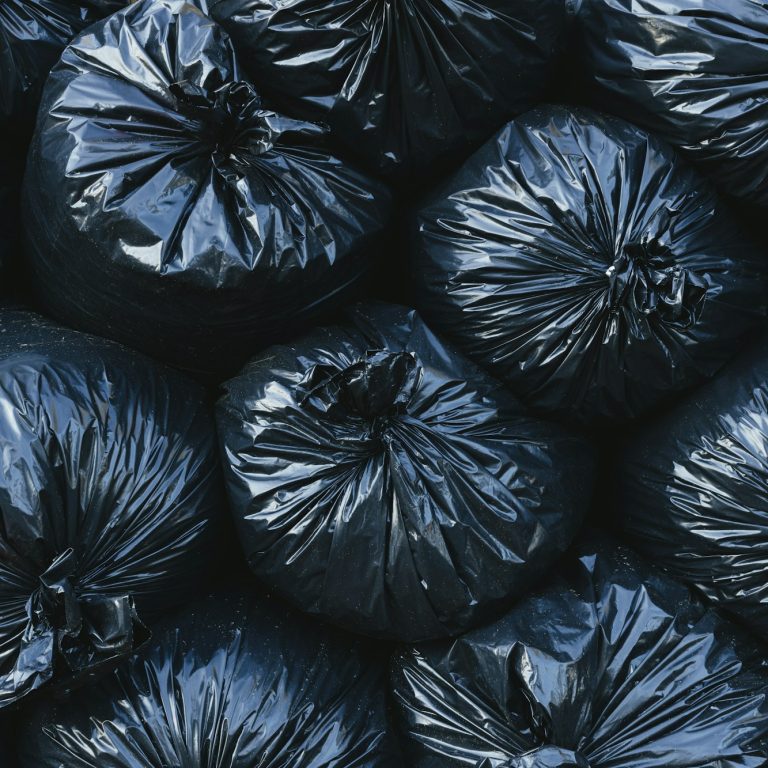 Pile of black plastic garbage bags.